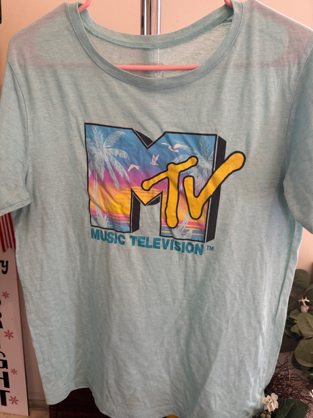 MTV Pastel Aqua Tee with Sunset Logo